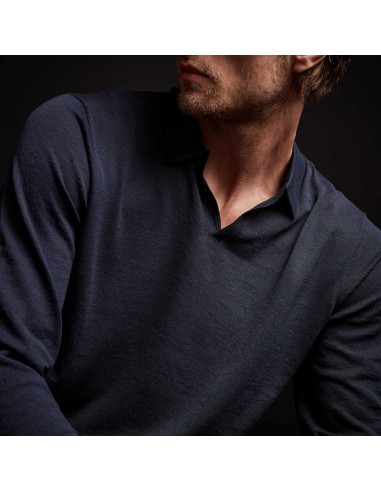 Linen Blend Long Sleeve Polo Sweater - Navy shop